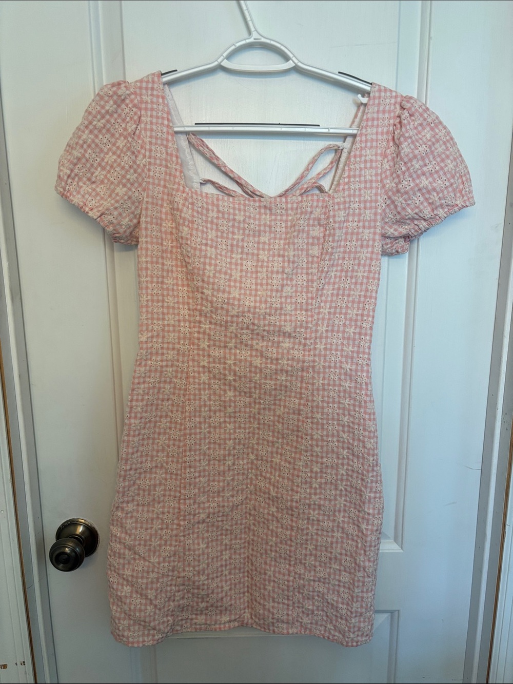 Hem & Thread Pink Gingham Puff-Sleeve Mini Dress